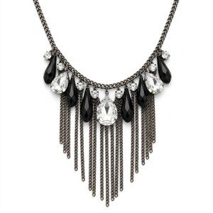 Black & Clear Crystal Fringe Statement Necklace Gunmetal Chain Tassel Cluster